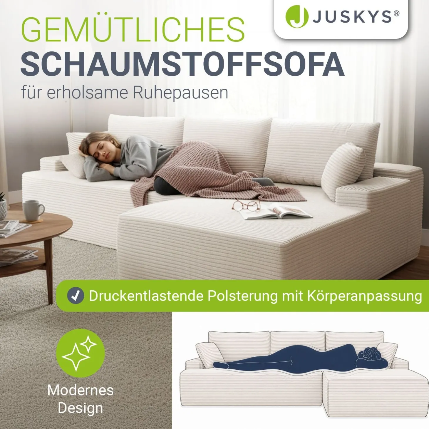 Sofa Coredo mit Cord Bezug & Dekokissen