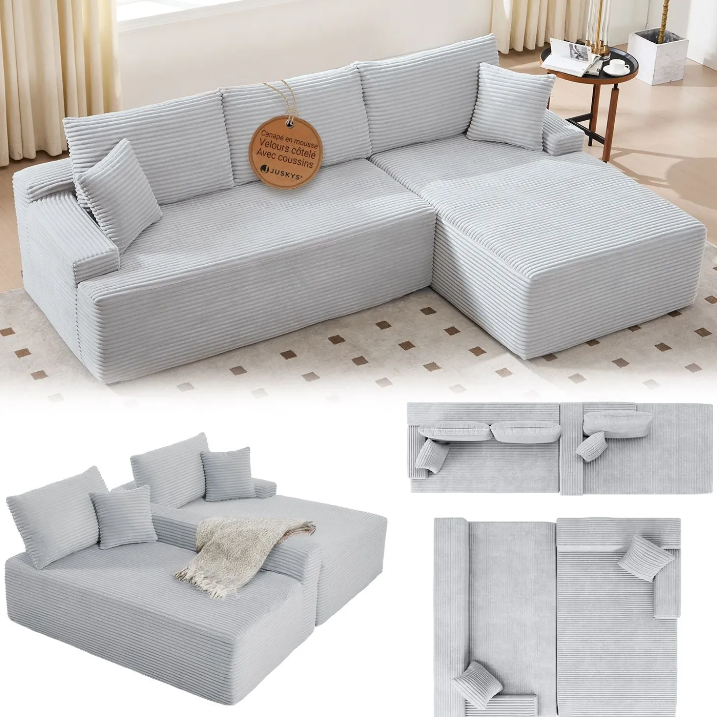 Sofa Coredo mit Cord Bezug & Dekokissen
