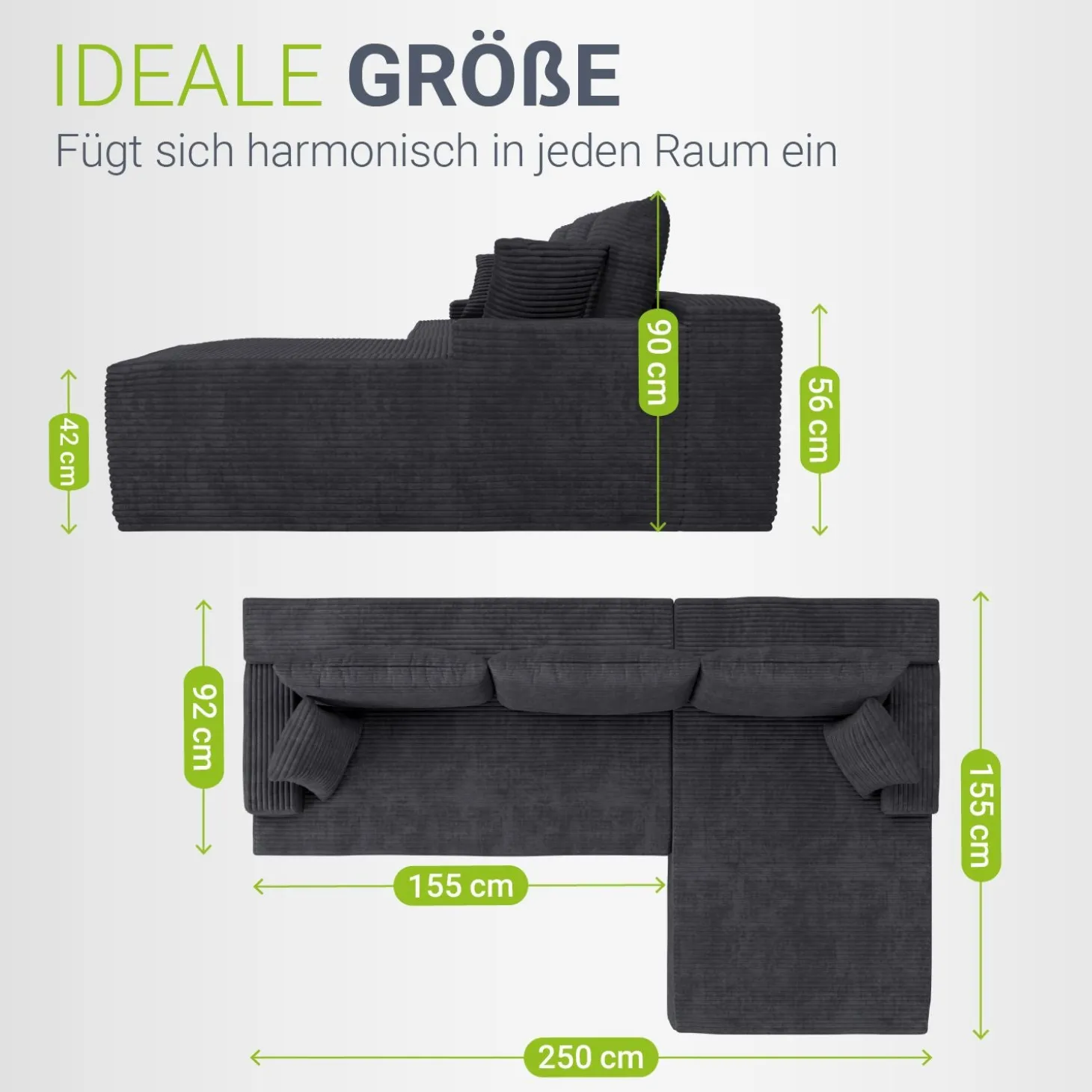 Sofa Coredo mit Cord Bezug & Dekokissen